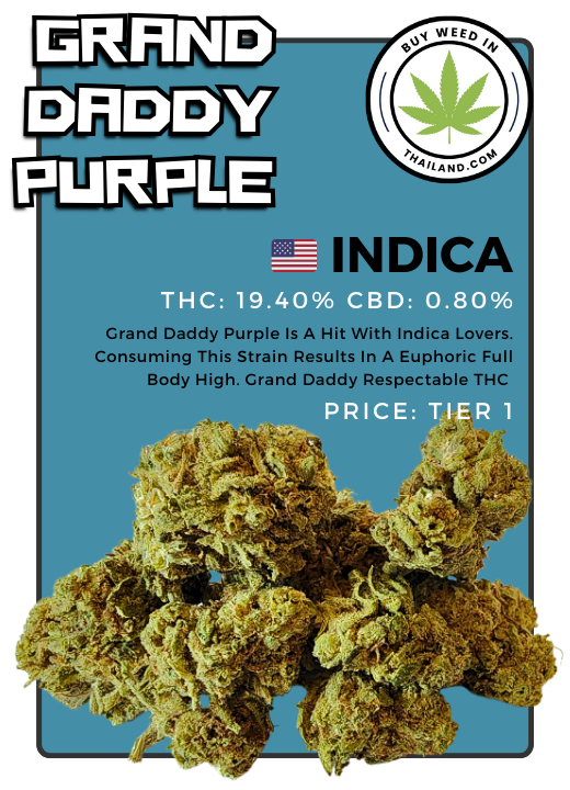 Grand Daddy Purple Cannabis strain for sale in Thailand on menu from buy weed in Thailand website
