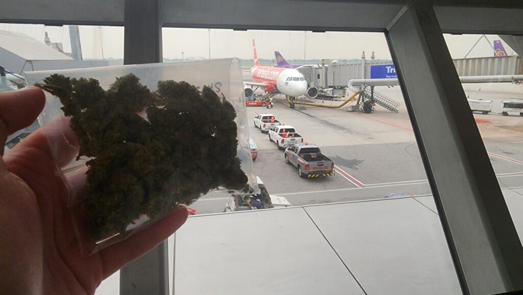 14 Grams, Half-an-Ounce of Cinderella Jack Cannabis at Bangkok Airport with Air Asia Flight Boarding in the Background.